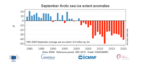 De hoeveelheid zee-ijs in het noordpoolgebied is afgelopen jaren met bijna 50% afgenomen vergeleken met de jaren 90.