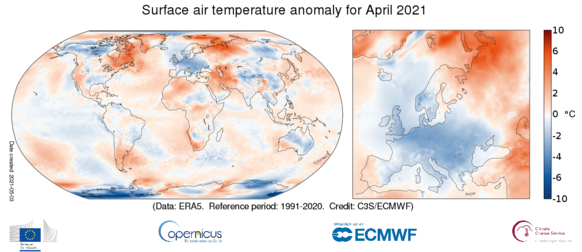Foto gemaakt door Copernicus/ECMWF - De temperatuuranomalie afgelopen april ten opzichte van het langjarig gemiddelde (1991-2020). Rode kleuren overheersen op de wereldkaart.