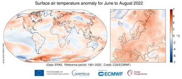 Foto gemaakt door Copernicus - De zomer verliep in bijna heel Europa warmer dan gemiddeld. Het zuidwesten en uiterste (noord)oosten van het continent waren relatief gezien het warmst.