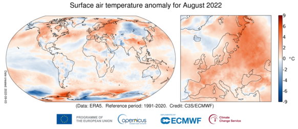 Foto gemaakt door Copernicus - De temperatuuranomalie in Augustus ten opzichte van de normaal. Het overgrote deel van Europa was warmer dan normaal. Het (noord)oosten van Europa was in augustus relatief gezien het warmst.