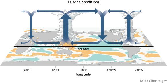 Foto gemaakt door NOAA - De Walker circulatiecellen, horend bij La Nina. De stijgcel boven het noordoosten van Brazilië is duidelijk te zien. Foto gemaakt door NOAA - De Walker circulatiecellen, horend bij La Nina. De stijgcel boven het noordoosten van Brazilië is duidelijk te zien.