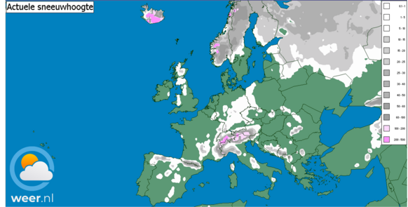 Foto gemaakt door Weer.nl - In delen van Oost-Europa en in het zuiden van Scandinavië ligt nog steeds geen sneeuw. In Helsinki is het vandaag pas voor het eerst goed wit. Opvallend is dat in Duitsland en delen van de Britse Eilanden wel wat sneeuw ligt.