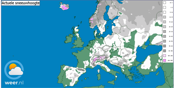 Foto gemaakt door Weer.nl - De winter weet Nederland vakkundig te ontwijken. Grote delen van Europa, inclusief de Balkan en Spanje, zijn bedolven onder een dikke laag sneeuw. Ook een groot deel van Duitsland is wit. 