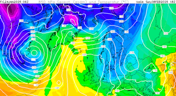 Foto gemaakt door Wetterzentrale.de - Exodus van (bovenlucht) koude richting Benelux met de -10 graden op 1500 meter 