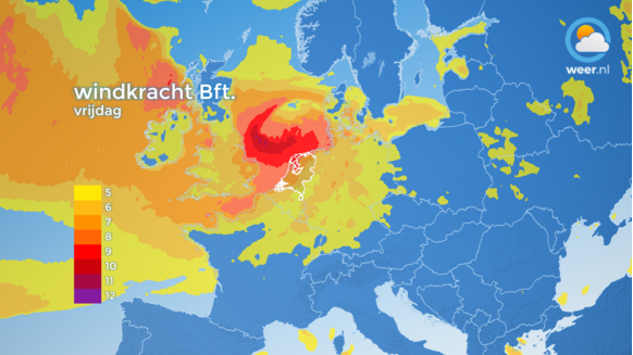 Foto gemaakt door Weer.nl - Het Europese weermodel, dat op deze kaart te zien is, komt met een windkracht 9 langs de kust en windkracht 10 en lokaal zelfs 11 op de Noordzee voor vrijdag. Andere modellen geven zelfs tot een dikke windkracht 10 aan de kust.