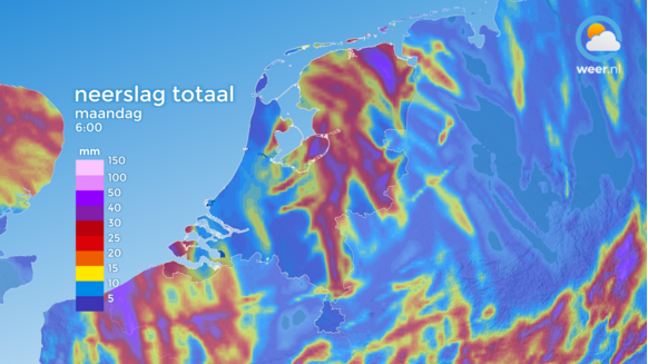 Foto gemaakt door Weer.nl - En de neerslag verwacht door een weermodel met een wat hogere resolutie. 