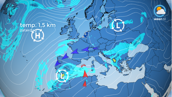 Flinke neerslaggebieden die ontstaan op de grens van warme en koude lucht, trekken de komende dagen over Spanje. Omdat Spanje voor een groot deel in de koude lucht blijft, valt die neerslag op veel plekken als sneeuw.