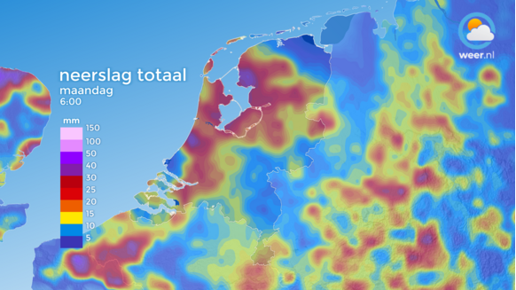 Foto gemaakt door Weer.nl - De totale hoeveelheid neerslag tot maandagochtend volgens het Europese weermodel.