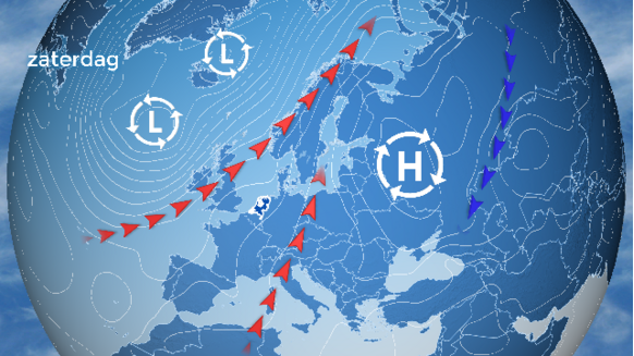 De weerkaart voor volgende week zaterdag. Het lijkt erop dat de zuidwestelijke stroming aanhoudt. In Noord-Europa blijft het zacht, slechts in delen van Rusland wordt het winters. 