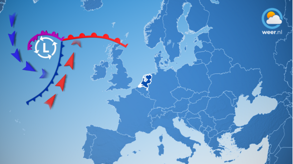 Foto gemaakt door Weer,nl - Een typische indeling van een lagedrukgebied en zijn fronten. Op de plek waar het warmte- en koufront samenkomen ontstaat een occlussiefront.