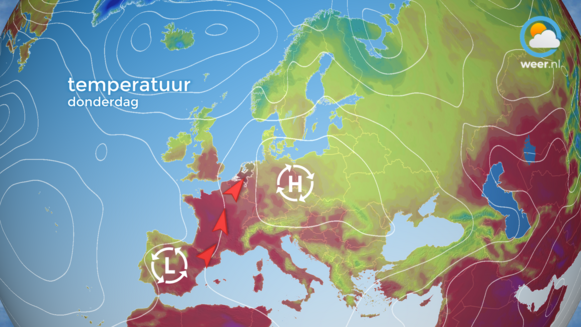 Foto gemaakt door Weer.nl - De berekening van het Amerikaanse model, waarbij hele hete lucht volgende week onze kant op wordt gestuurd.