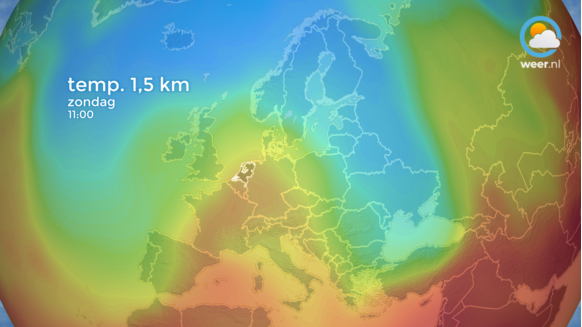 De temperatuur op 850 hPa, zo'n 1500 meter, eerder vandaag. De temperatuur op deze hoogte geeft een goede indicatie van de luchtmassa. We bevonden ons vandaag in een vochtige, subtropische luchtmassa. 