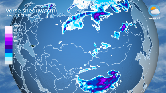 Foto gemaakt door weer.nl - Het verwachte sneeuwdek voor Eurazië maandag 20 september. Het sneeuwdek lijkt snel aan te gaan groeien, en breidt zich ver westelijk uit voor de tijd van het jaar. 