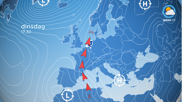 Foto gemaakt door Weer.nl - Op dinsdag en woensdag reikt de zuidelijke stroming helemaal vanuit de Sahara tot in het Arctisch gebied. Hiermee wordt zowel zachte lucht als saharazand naar onze regio getransporteerd.