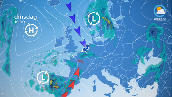 Foto gemaakt door Weer.nl - De weerkaart voor dinsdag. Koude lucht uit het noorden en warme lucht uit het zuiden komen in botsing. 