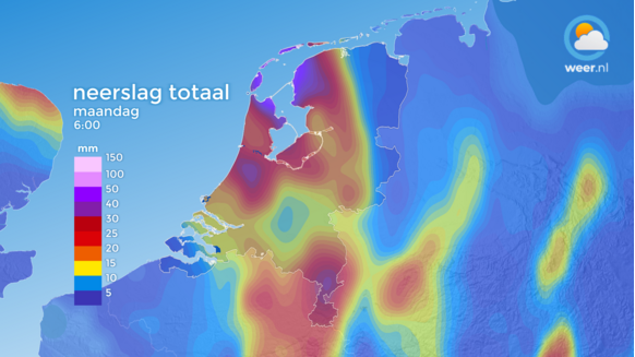 Foto gemaakt door Weer.nl - De totale verwachte neerslag volgens het Amerikaanse weermodel. 