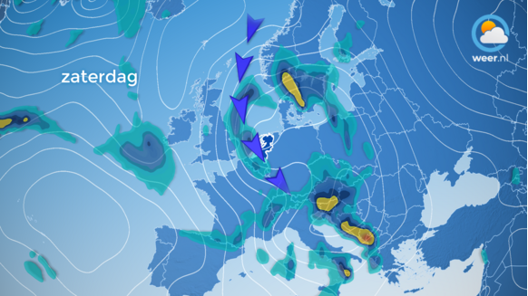 De weerkaart van afgelopen zaterdag. De diepe noordwestelijke stroming zorgde voor een aanvoer van koude en vochtige lucht.