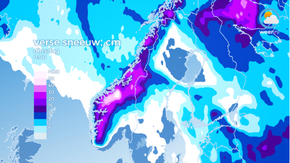 Foto gemaakt door Weer.nl - Tot en met dinsdagnacht valt er ook nog eens bakken met sneeuw in de Noorse bergen. Mede hierdoor is het lawinegevaar hoog.