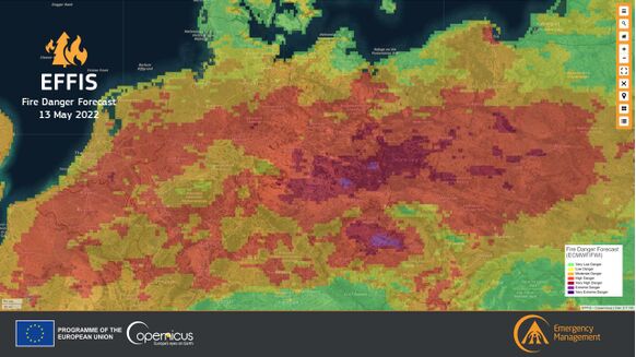 Foto gemaakt door Copernicus - De kaart met daarop de verwachting voor het gevaar op natuurbranden dit weekend.