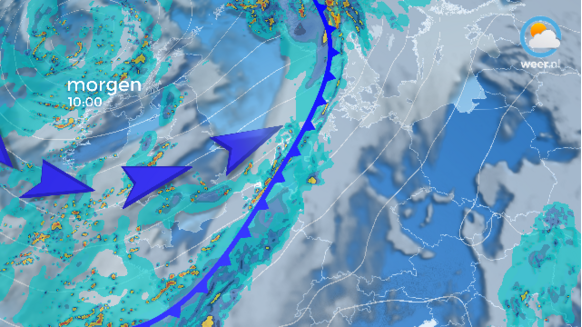 Vannacht en morgenochtend trekt vanuit het westen een koufront over, waarachter koele lucht wordt aangevoerd. 