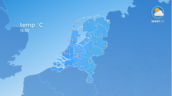 De actuele temperatuur. In de sneeuw daalt de temperatuur tot onder nul. Alle stations in het westen, behalve Vlissingen, geven een temperatuur onder het vriespunt aan.