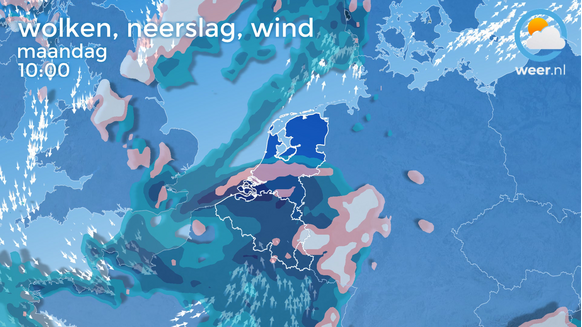 Foto gemaakt door Weer.nl - Neerslag volgens het Europese weermodel om 10.00 uur maandagochtend, met natte sneeuw (roze) op de plekken met de meest intensieve neerslag.