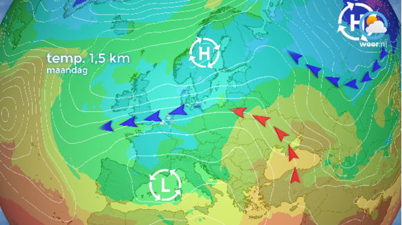 Relatief koude lucht stroomt uit over West-Europa, maar daarachter volgt direct zachte lucht.