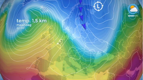 Foto gemaakt door weer.nl - De weerkaart voor maandag. Als het lagedrukgebied verder naar het noordoosten trekt, komt er een diepe noordelijke stroming tot stand over Scandinavië waarmee erg koude lucht aangevoerd wordt.