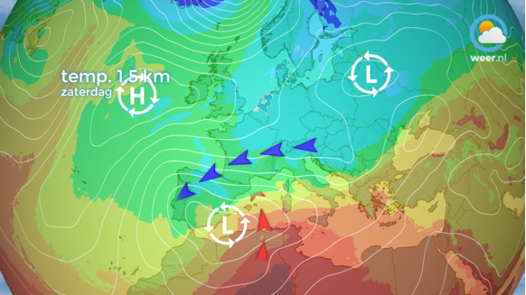 Koude lucht wordt met een (noord)oostelijke stroming naar Spanje gevoerd.