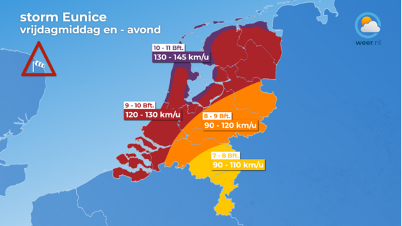 Foto gemaakt door Weer.nl - Over ongeveer een uur zal de storm het zuidwesten van het land bereiken. Daarna verspreid de storm zich snel over de rest van het land. Hier zie je de maximale windsnelheid en windstoten die we verwachten.