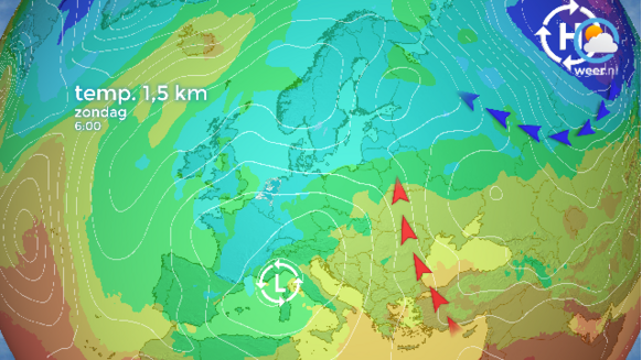 Vanwege de vorm van het hoog ten oosten van ons en de lagedruk boven Zuid(west)-Europa, wordt warme lucht Oost-Europa ingepompt. 