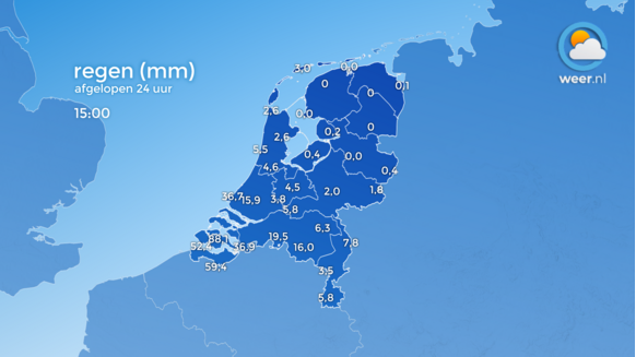 In Zeeland viel er op veel plekken in 24 uur ruim 50 mm, in Wilhelminadorp viel zelfs meer dan 88 mm.