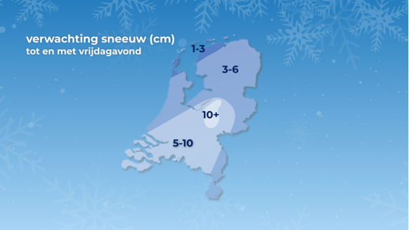 Foto gemaakt door Weer.nl - Hilversum - De sneeuwverwachting tot morgenavond. De sneeuw, die op het kaartje staat ingetekend, ligt er niet morgenavond, maar kan op enig moment tot aan morgenavond wel aanwezig zijn. 