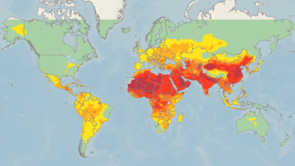 Foto gemaakt door WHO - In de groene gebieden is de luchtkwaliteit goed en in de gele matig. In de oranje gebieden hebben mensen met gevoelige luchtwegen klachten en in de rode gebieden ook gezonde mensen. In de donkerrode gebieden is de luchtkwaliteit extreem slecht.