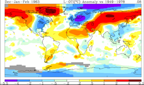 Foto gemaakt door NASA GISS - De temperatuurafwijkingen ten opzicht van de normaal in de winter van 1963. 