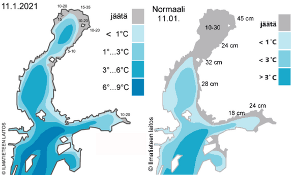 Foto gemaakt door Finnish Meteorological Institute (FMI) - Deze kaart van de Finse weerdienst laat de huidige ijsbedekking (links) vergelijken met het gemiddelde uit de vorige eeuw. Blauwe kleuren laten water(temperaturen) zien, grijze kleuren ijs(diktes). De kust van Helsinki was 11 januari nog ijsvrij.
