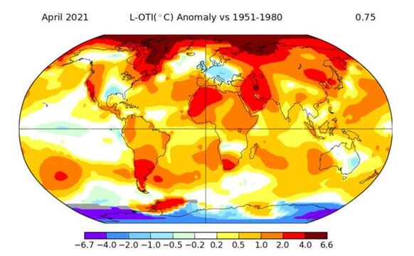 Foto gemaakt door NASAGISS - En kijken we naar een klimaatperiode in de vorige eeuw (1951-1980), dan is de opwarming al helemaal duidelijk. 