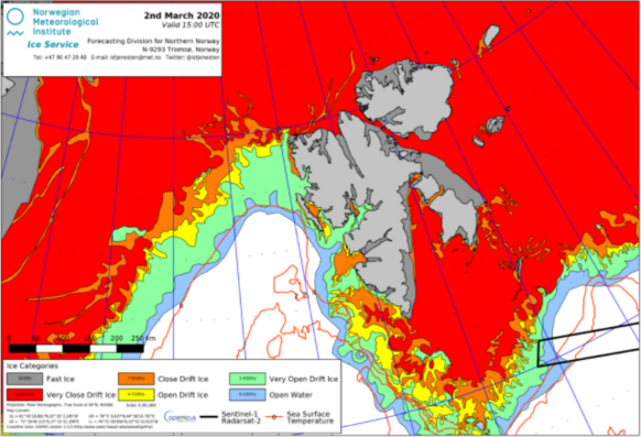 De hoeveelheid zeeijs rond Spitsbergen gisteren (30-3-2020). Er ligt nog meer (drift)ijs in Isfjorden. Bron: Norwegian Meteorological Institute.