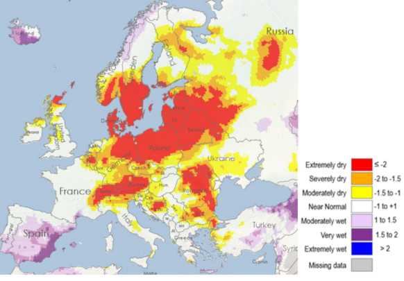 Foto gemaakt door Copernicus - De droogte in Europa.