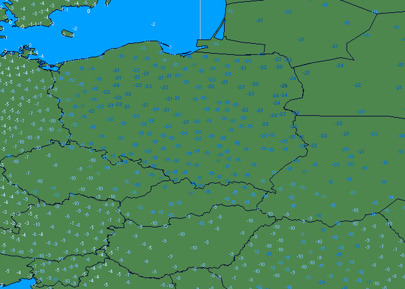 De minimumtemperaturen voor komende nacht. Komende nacht wordt het nóg kouder. In het overgrote deel van het land strenge vorst, en zelfs op uitgebreide schaal temperaturen onder de -20. 