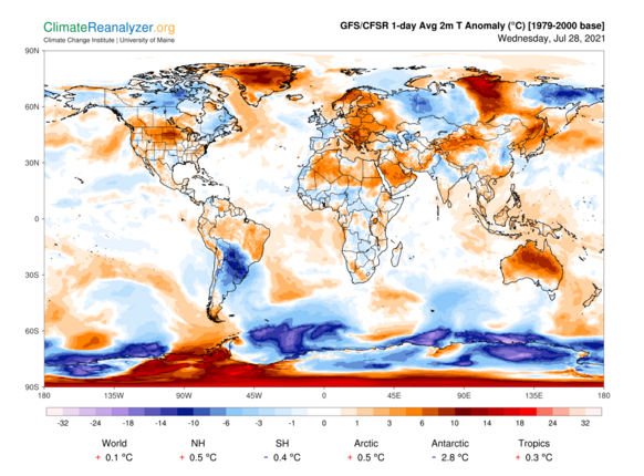 Foto gemaakt door Climate Reanalyzer - Op dit plaatje zie je mooi hoe gebieden met warmer en met kouder dan normaal weer, als gevolg van het huidige en hardnekkige weerpatroon, afwisselen. 