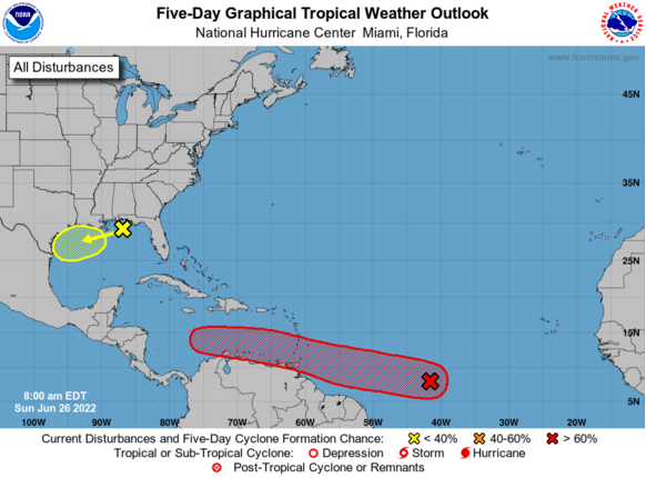 Foto gemaakt door National Hurricane Center (NHC) - De komende 5 dagen kunnen in twee gebieden tropische systemen ontstaan. 
