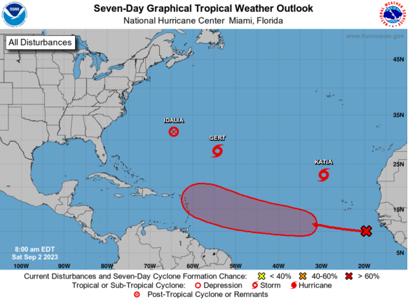 Foto gemaakt door National Hurricane Center (NHC) - Als Idalia haar tropische status weer terugkrijgt zijn er drie tropische stormen actief, maar de meeste aandacht gaat uit naar een potentiële tropische depressie in het zuiden.