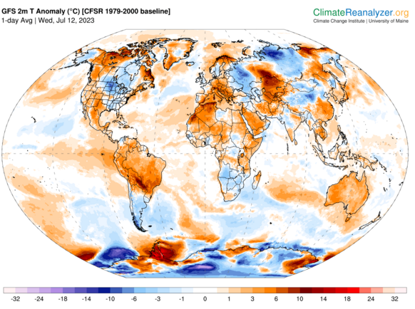 Foto gemaakt door Climate Reanalyzer - De huidige temperatuurverdeling op aarde. Het warme weer in het noorden van Afrika en het Middellandse Zeegebied is duidelijk te zien.