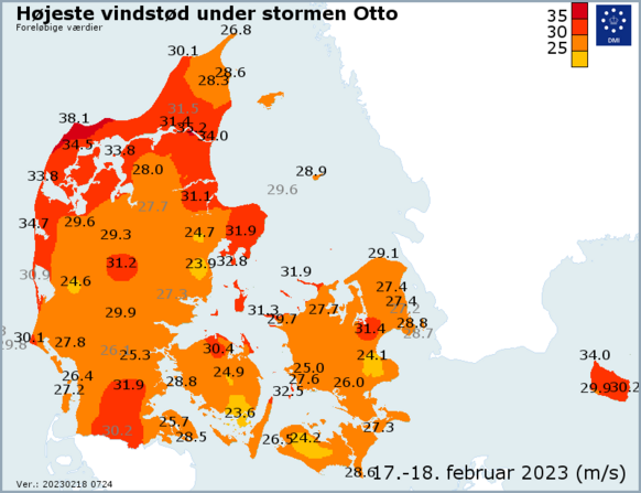 Foto gemaakt door Deens Meteorologisch Instituut (DMI) - https://www.dmi.dk/meteorologens-kommentar/ - De afgelopen avond en nacht kwam het tot forse windstoten in een groot deel van Denemarken. 