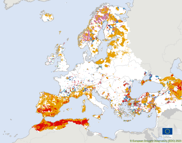 Foto gemaakt door European Drought Observatory (EDO) - De droogte is extreem in onder andere Spanje en het noorden van Italië. Deze kaart is voor de laatste 10 dagen voor april, inmiddels is de droogte in het noorden van Italië en zuidoosten van Frankrijk al wat getemperd. 