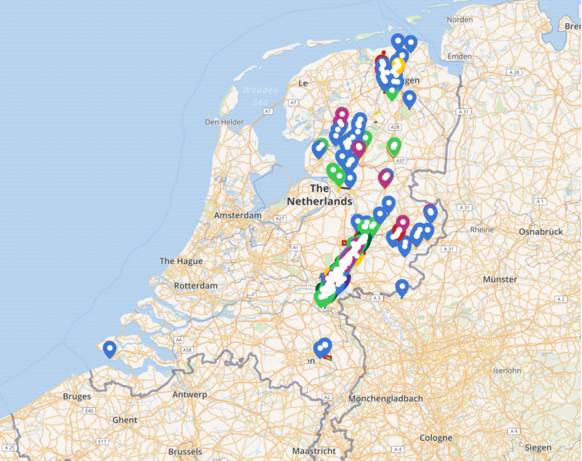 De kaart met alle 'verdachte' schademeldingen die wij hebben ontvangen (alleen al ruim 300 mails), eigen waarnemingen en berichten uit (sociale) media. Bron kaart: Nadia Bloemendaal.