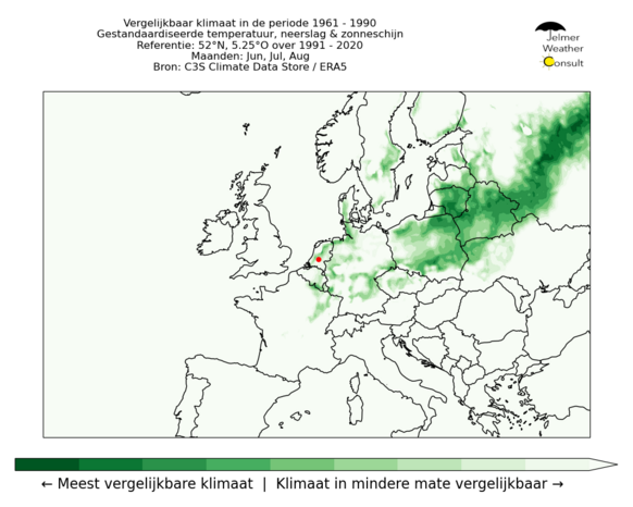 Foto gemaakt door Jelmer van der Graaff/Weer.nl - Vergelijking van het klimaat in de periode 1961 - 1990 t.o.v. het referentiepunt Midden-Nederland voor 1991 - 2020 in de zomer. Hoe groener, hoe groter de overeenkomst voor de gemiddelde temperatuur, neerslaghoeveelheid en het percentage zonneschijn.