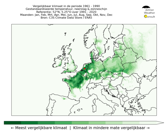 Foto gemaakt door Jelmer van der Graaff/Weer.nl - Vergelijking van het klimaat in de periode 1961 - 1990 t.o.v. het referentiepunt Midden-Nederland voor 1991 - 2020 op jaarbasis. Hoe groener, hoe groter de overeenkomst voor de gemiddelde temperatuur, neerslaghoeveelheid en het percentage zonneschijn.