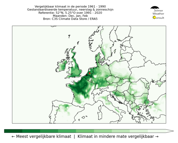Foto gemaakt door Jelmer van der Graaff/Weer.nl - Vergelijking van het klimaat in de periode 1961 - 1990 t.o.v. het referentiepunt Midden-Nederland voor 1991 - 2020 in de winter. Hoe groener, hoe groter de overeenkomst voor de gemiddelde temperatuur, neerslaghoeveelheid en het percentage zonneschijn.